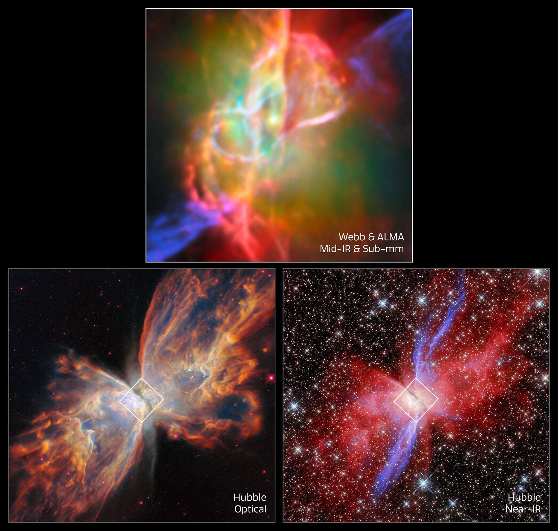 Butterfly Nebula NGC 6302 (Hubble and Webb + ALMA images, stacked)