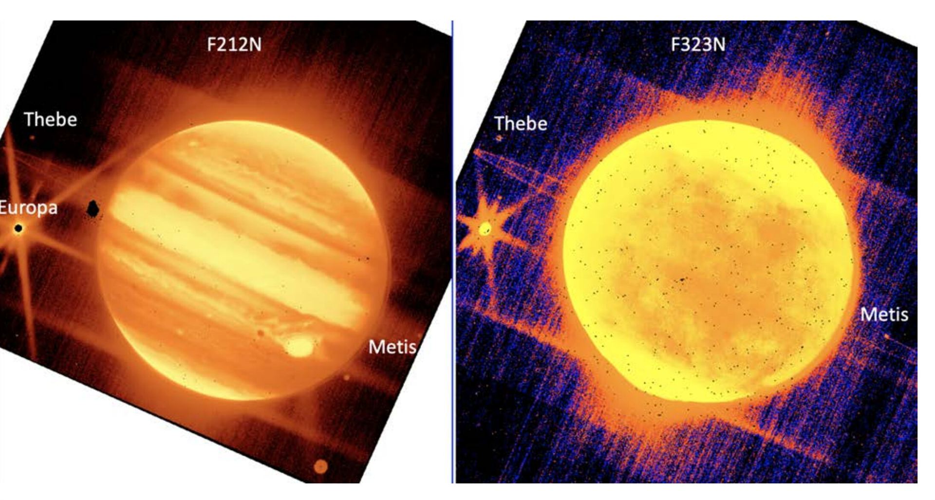 Jupiter, Europa, Thebe, and Metis (NIRCam) Commissioning Image