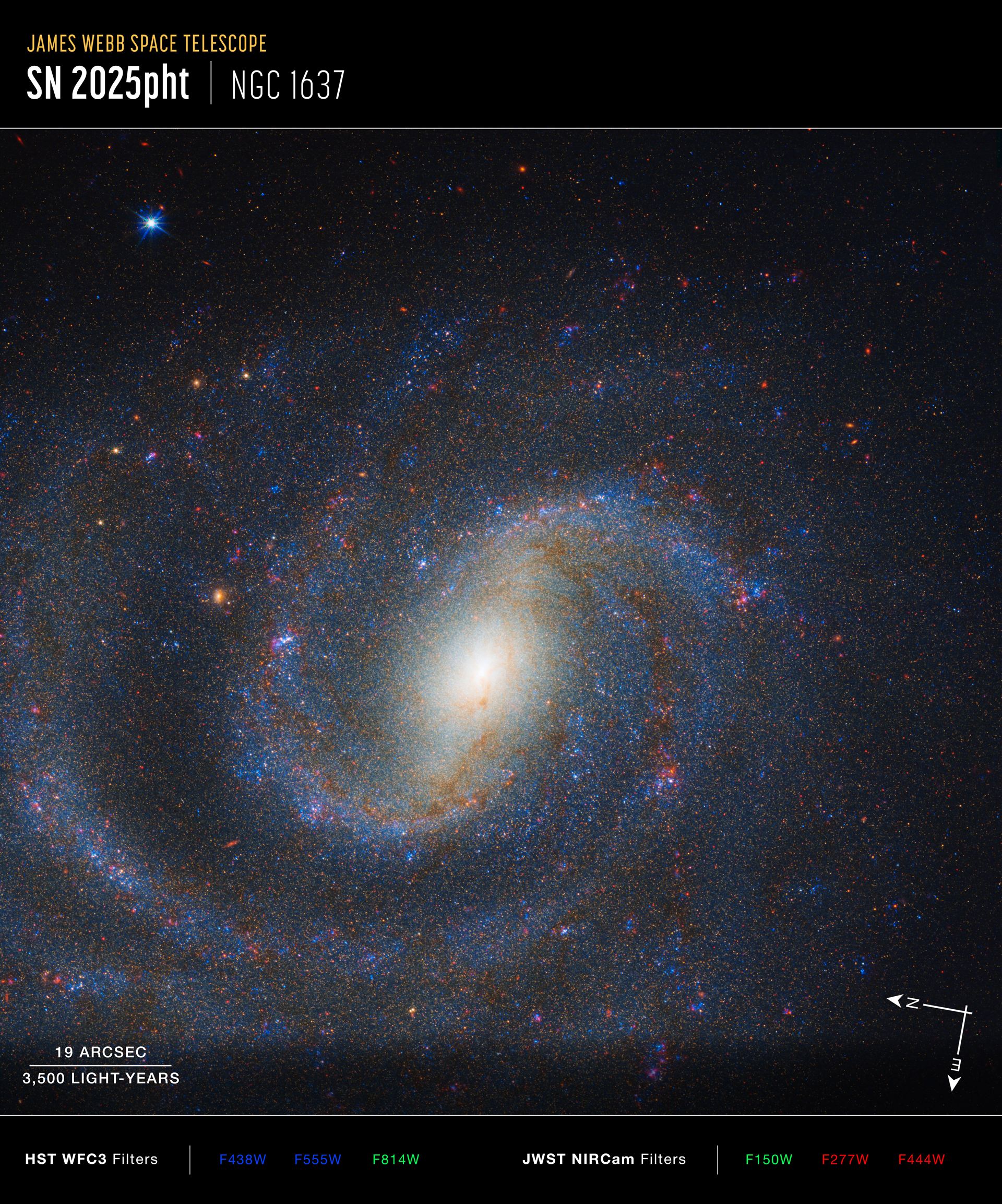 NGC 1637 (Hubble WFC3 and Webb NIRCam images, annotated)
