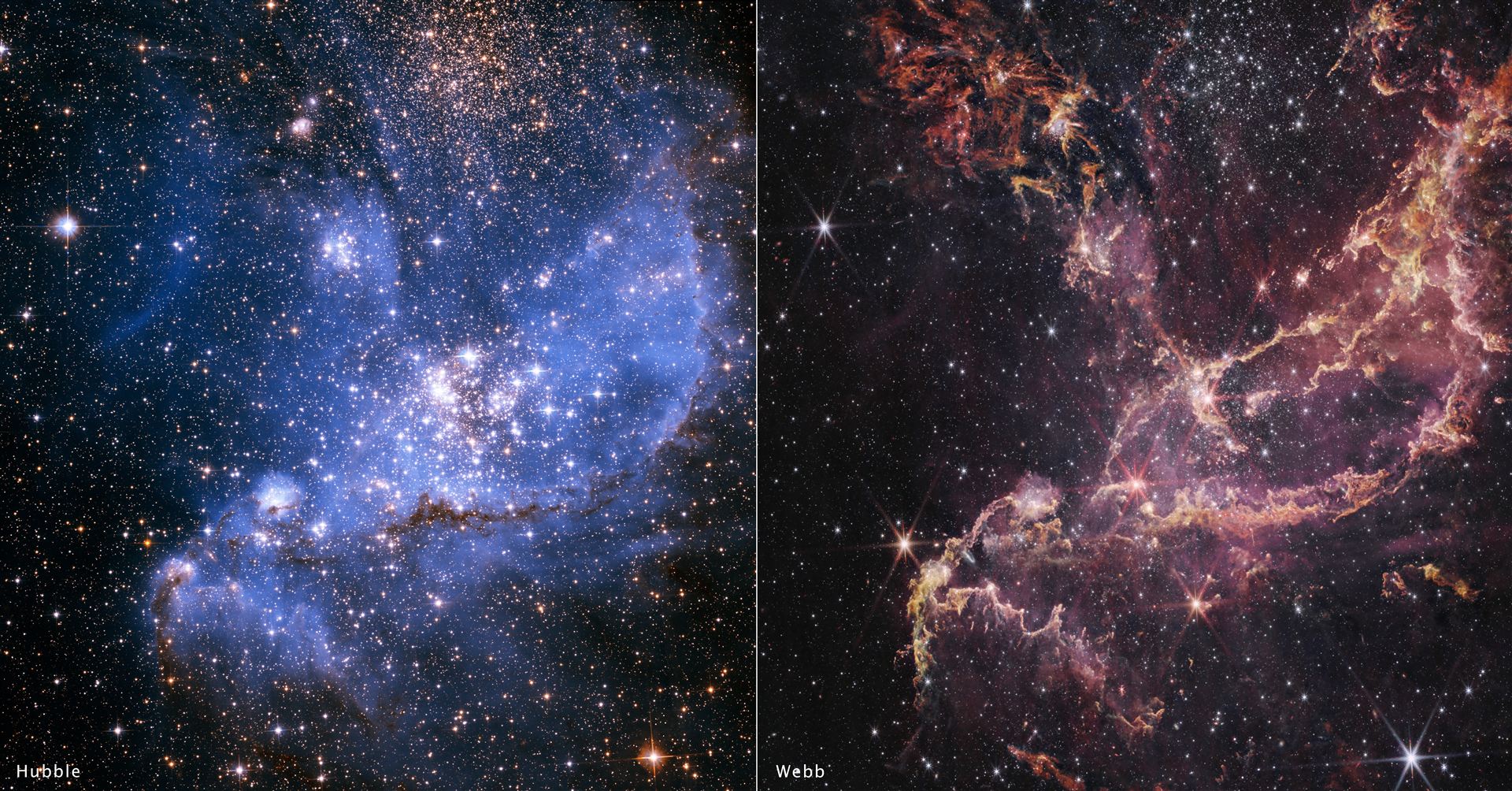 NGC 346 side-by-side images Hubble and Webb