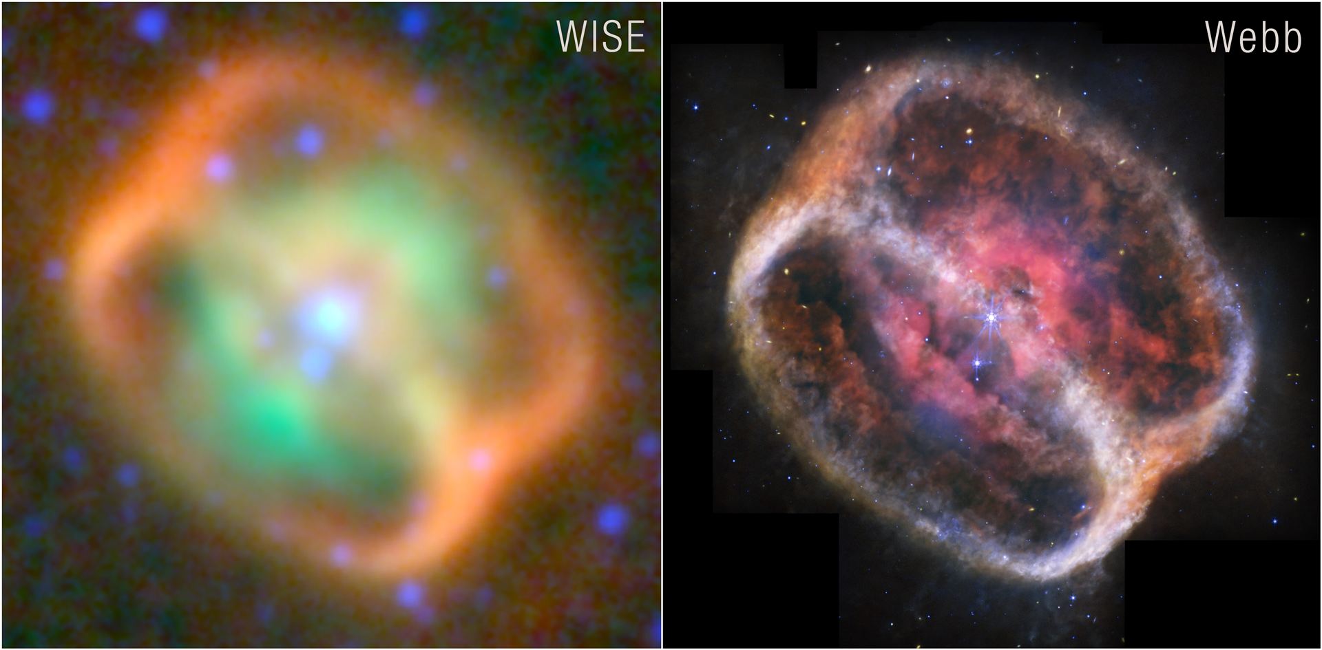 Planetary Nebula NGC 1514 (WISE and Webb Images Side by Side)