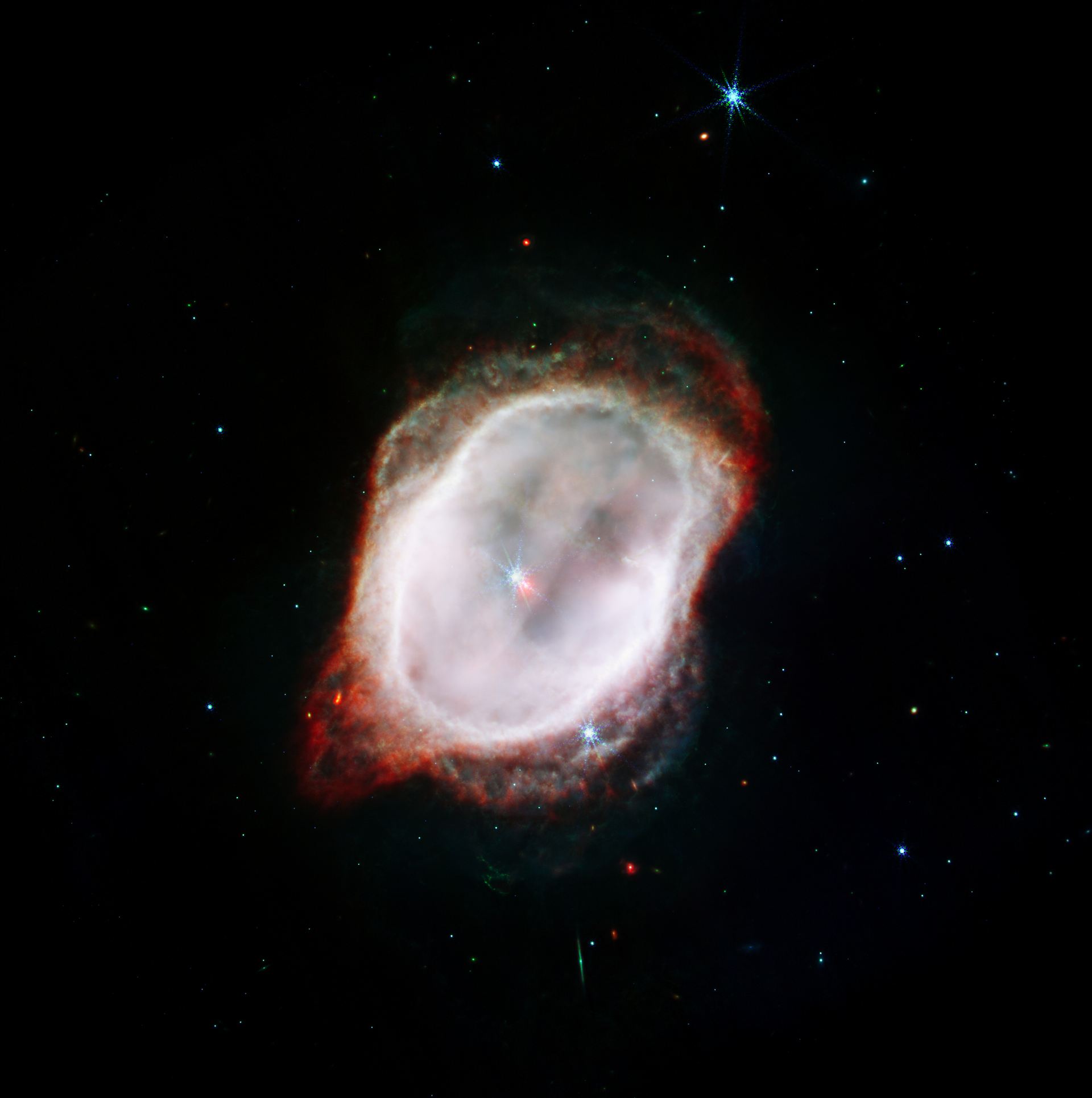 Southern Ring Nebula’s Gas (NIRCam and MIRI Composite Compass Image)