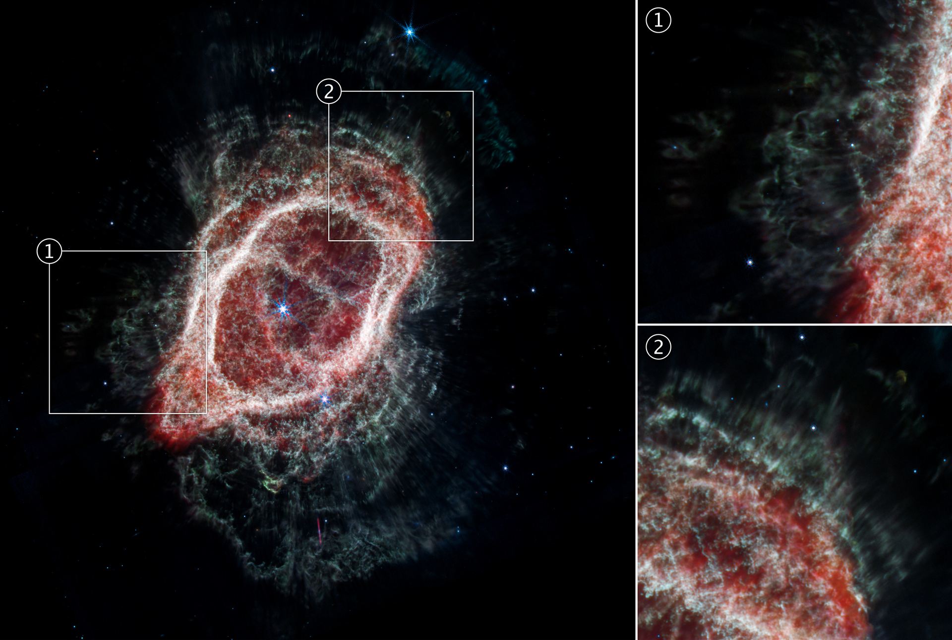 Southern Ring Nebula’s Spokes (NIRCam and MIRI Composite Image)