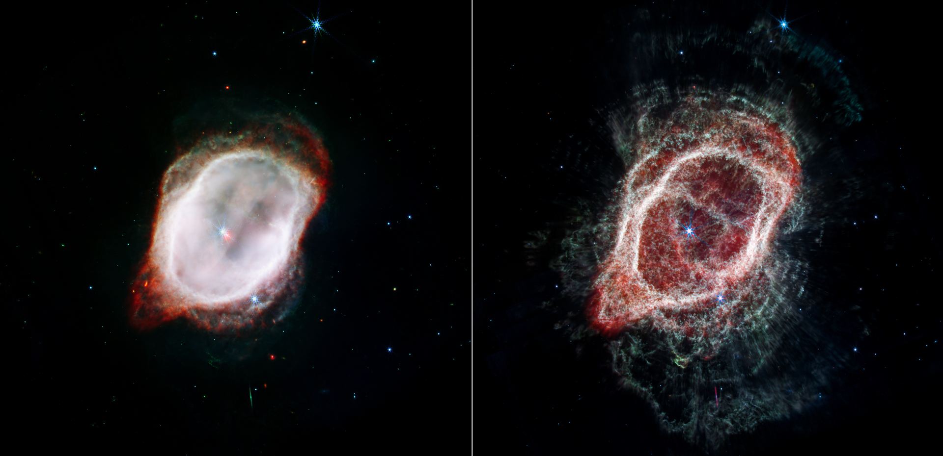 Two Views of the Gas in the Southern Ring Nebula (NIRCam and MIRI Composite Images)