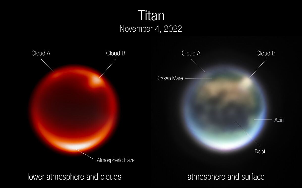 Webb Tracks Clouds on Saturn’s Moon Titan (Annotated)