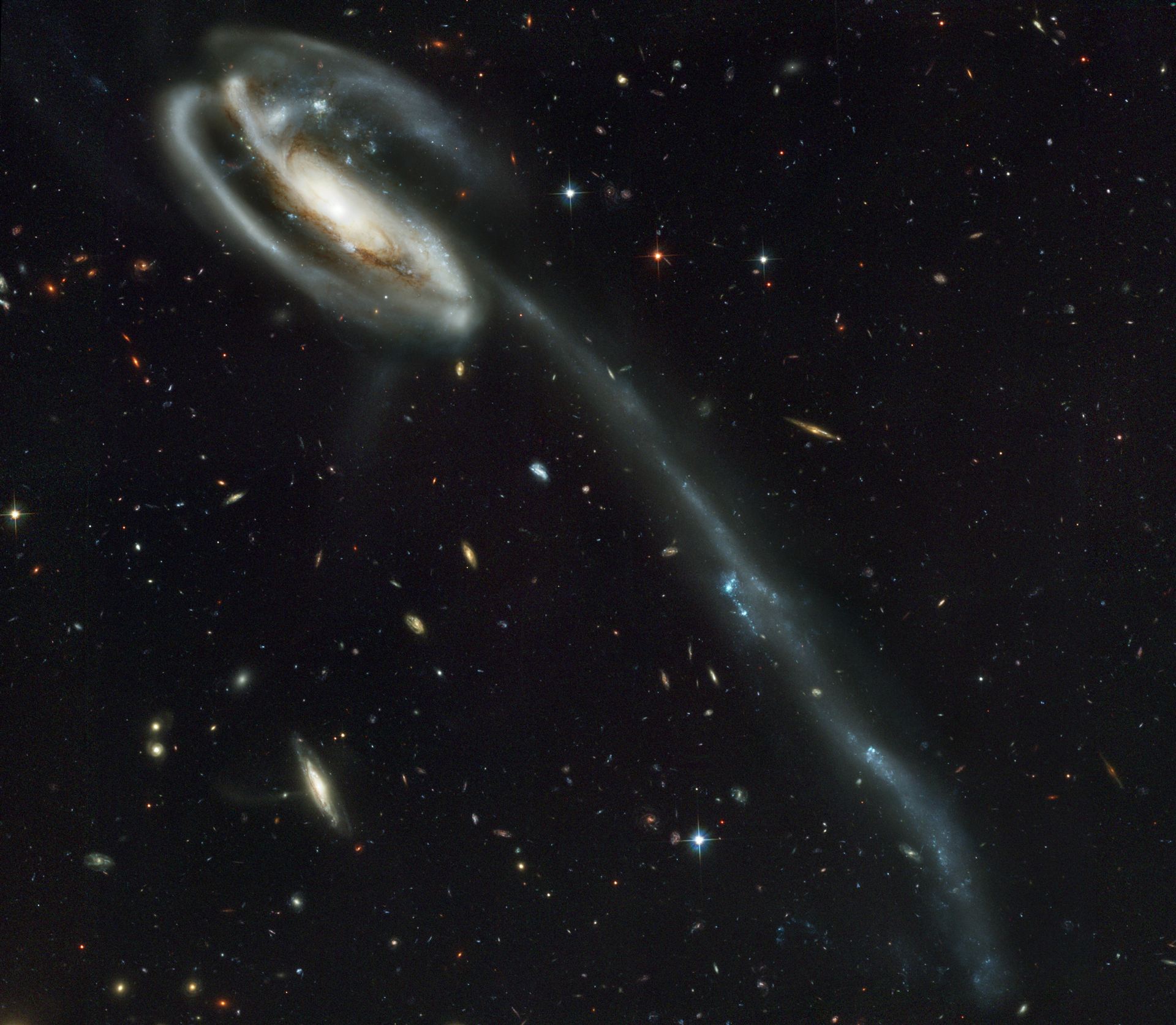A &lsquo;wallpaper&rsquo; of distant galaxies is a stunning backdrop for a runaway galaxy