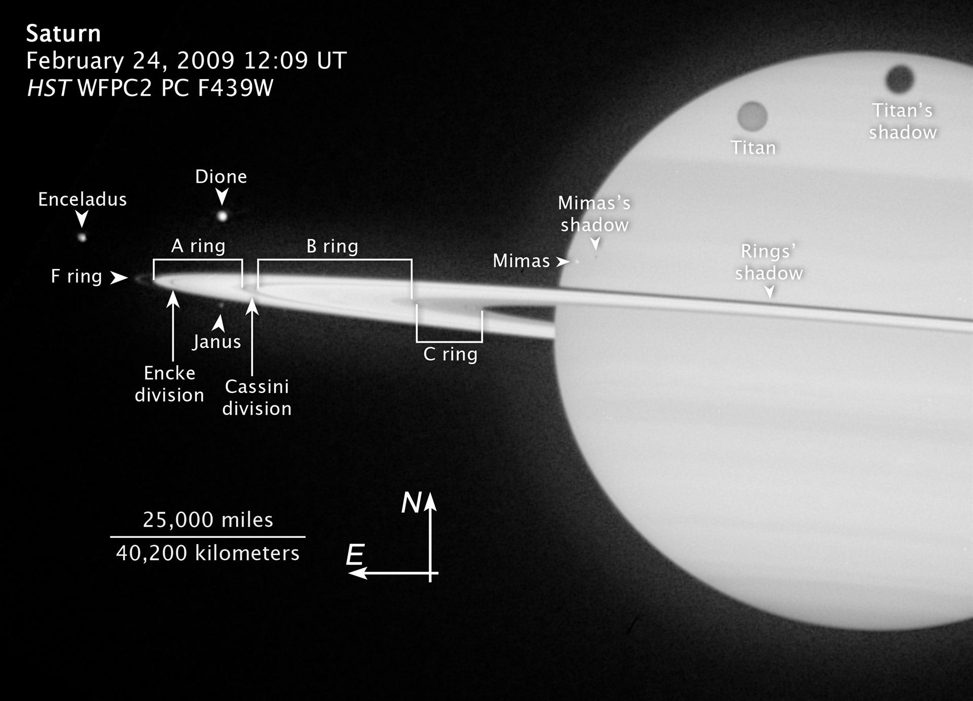 Annotated image of Saturn&rsquo;s rings and moons