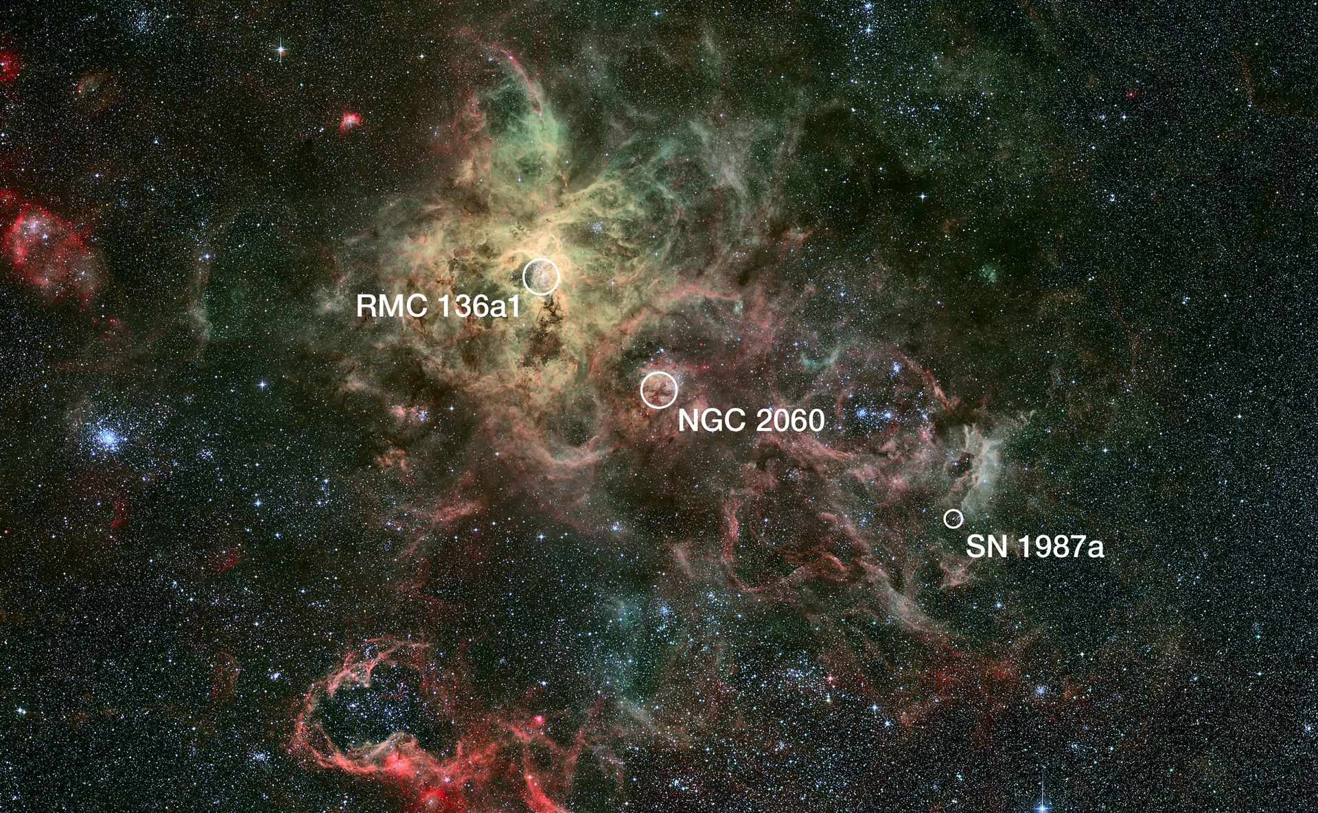 Annotated wide-field view of the Tarantula Nebula (ground-based image)