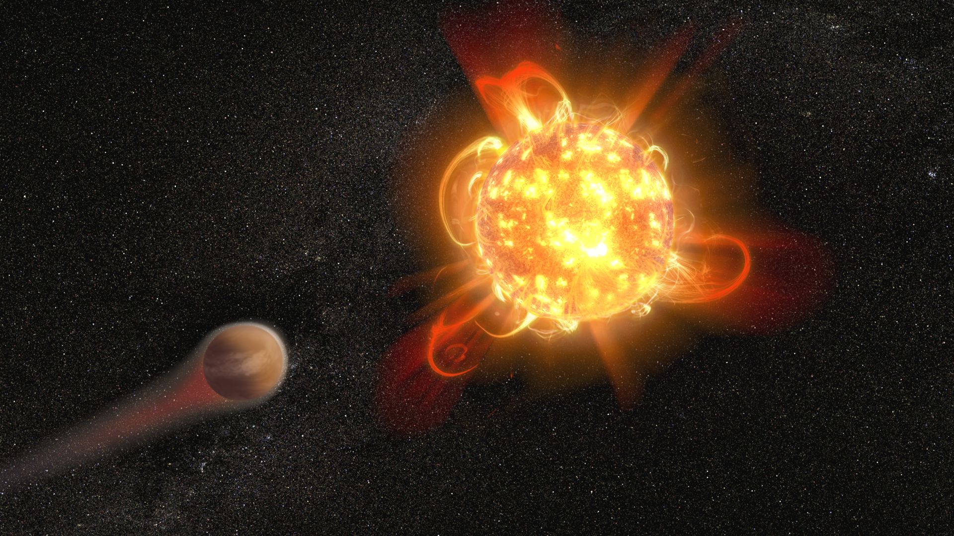 Artist&rsquo;s illustration of a young red dwarf stripping away a planet&rsquo;s atmosphere