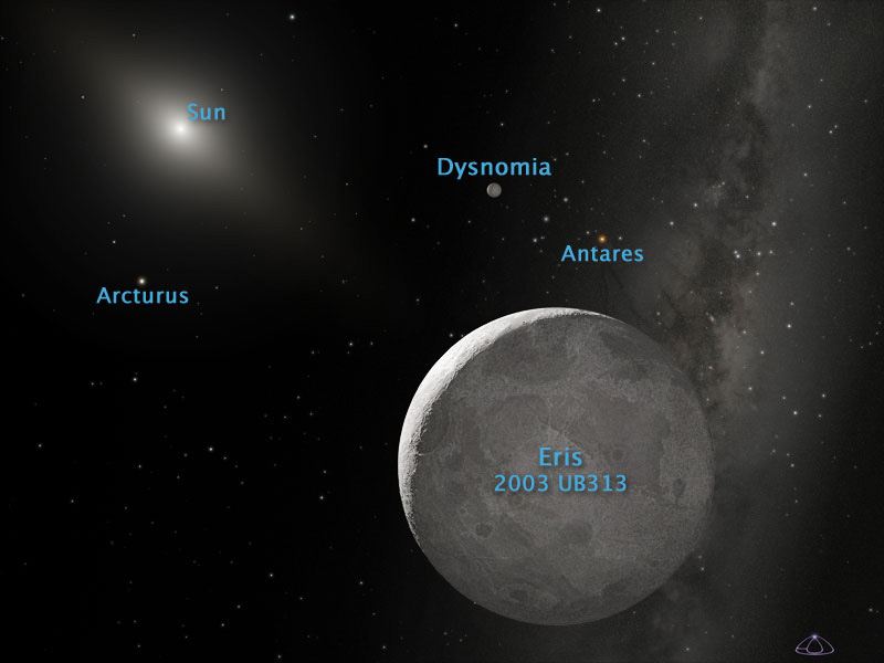 Artist&rsquo;s view of Eris and Dysnomia (Annotated)