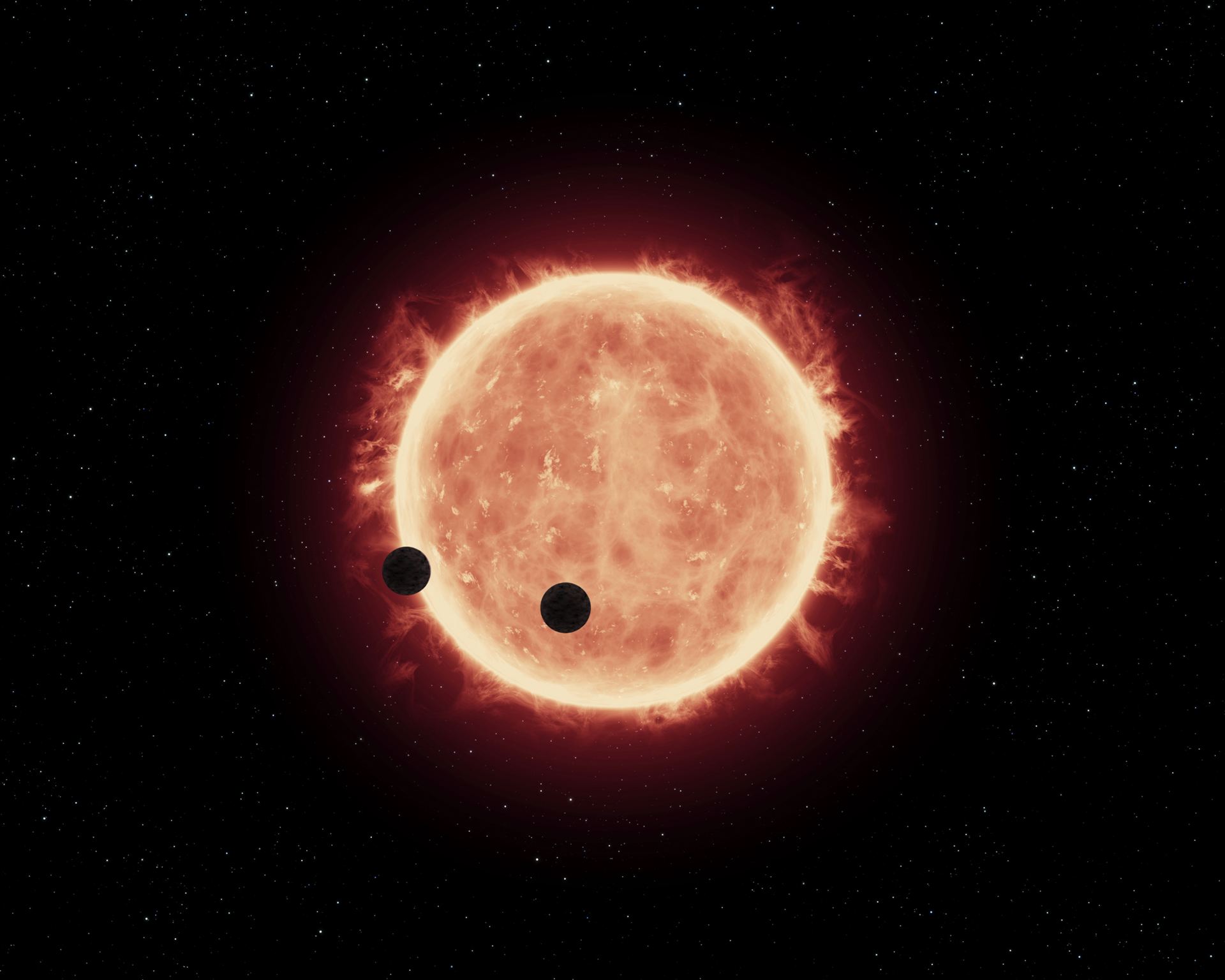 Artist&rsquo;s view of planets transiting red dwarf star in TRAPPIST-1 system