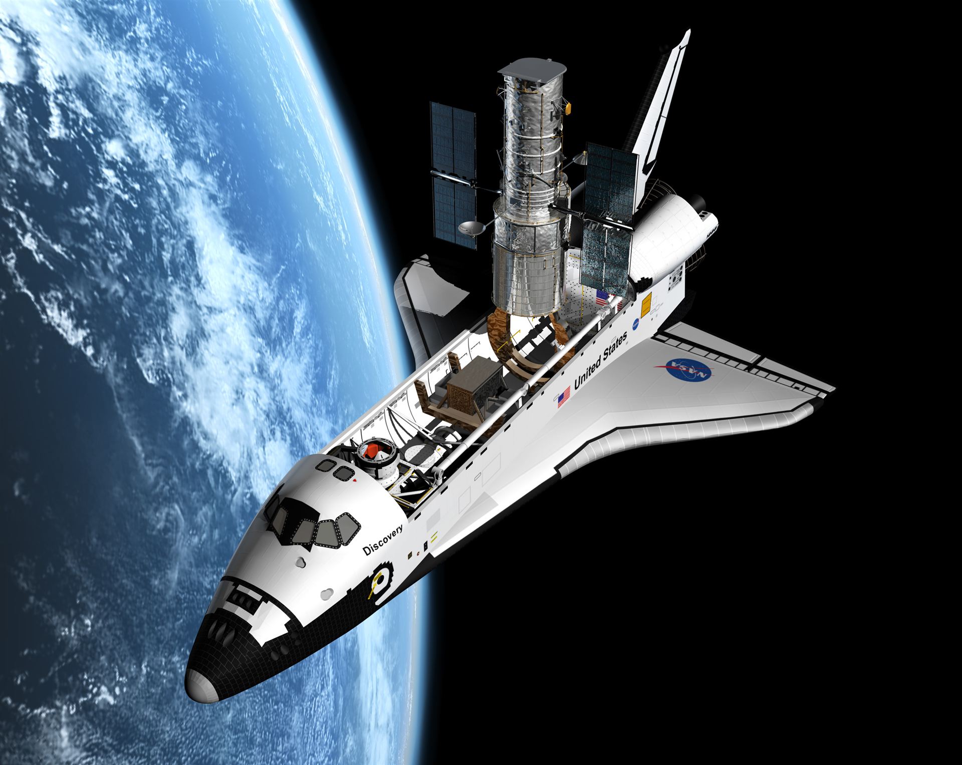 Artist&rsquo;s view of the Shuttle servicing mission to HST