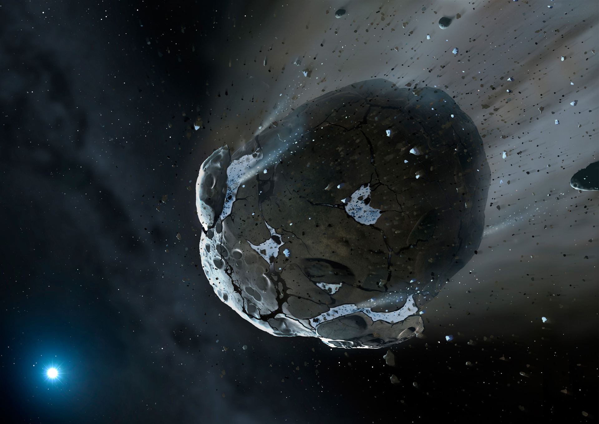 Artist&rsquo;s view of watery asteroid in white dwarf star system GD 61