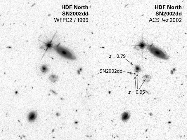 B&W version of WFPC2ACS, both I-band, before and during SN, with labels