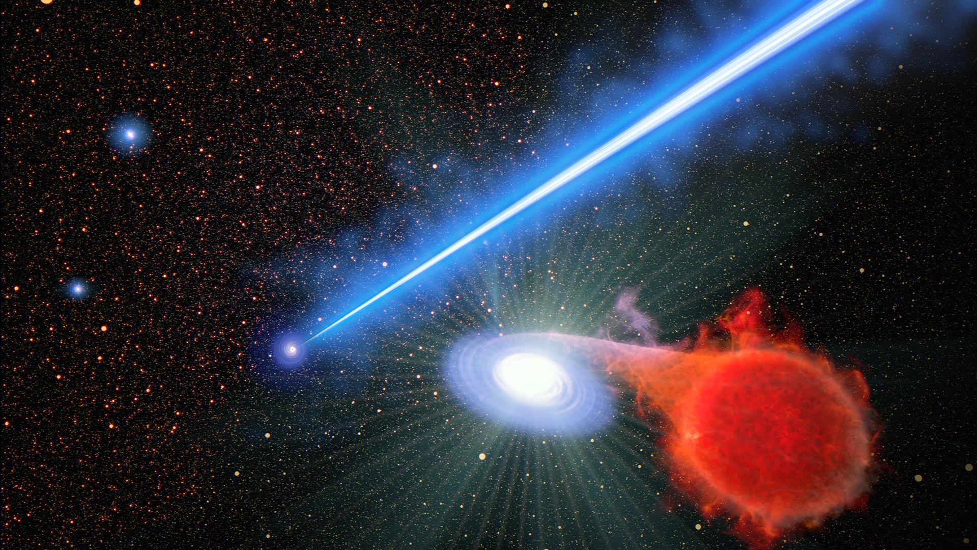 Black hole jet and accompanying erupting nova (artist&rsquo;s concept)