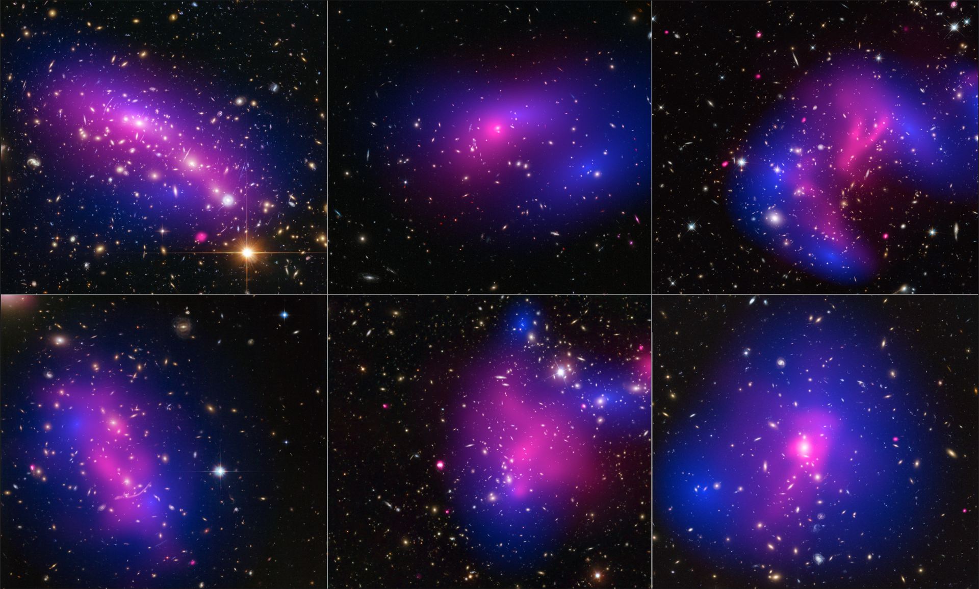 Collage of six cluster collisions, with dark-matter maps and x-ray data