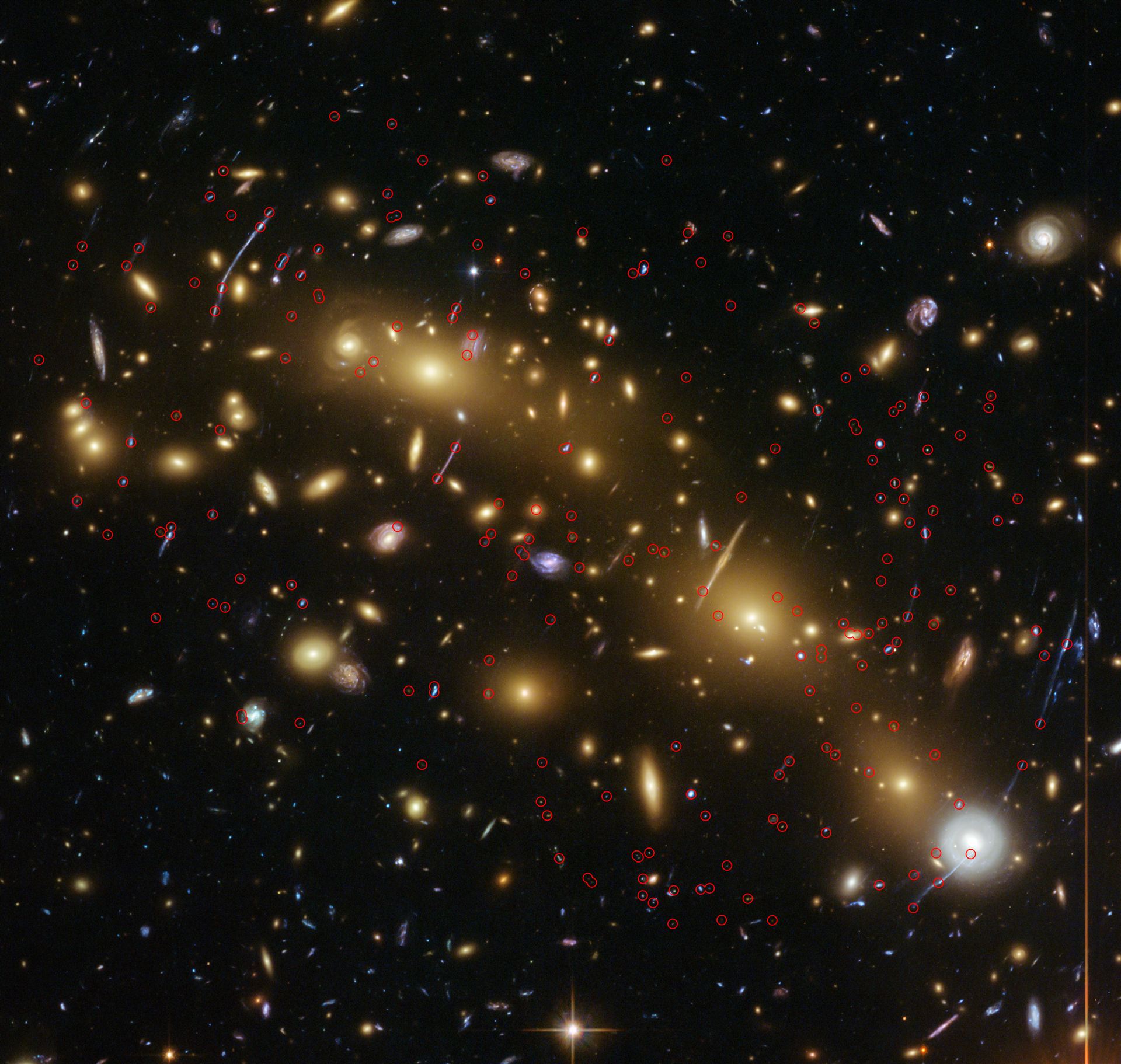 Colour image of galaxy cluster MCS J0416.1–2403, annotated