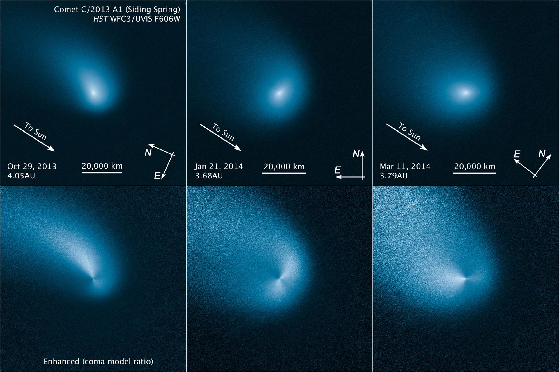 Comet Siding Spring comparison of enhanced and original images