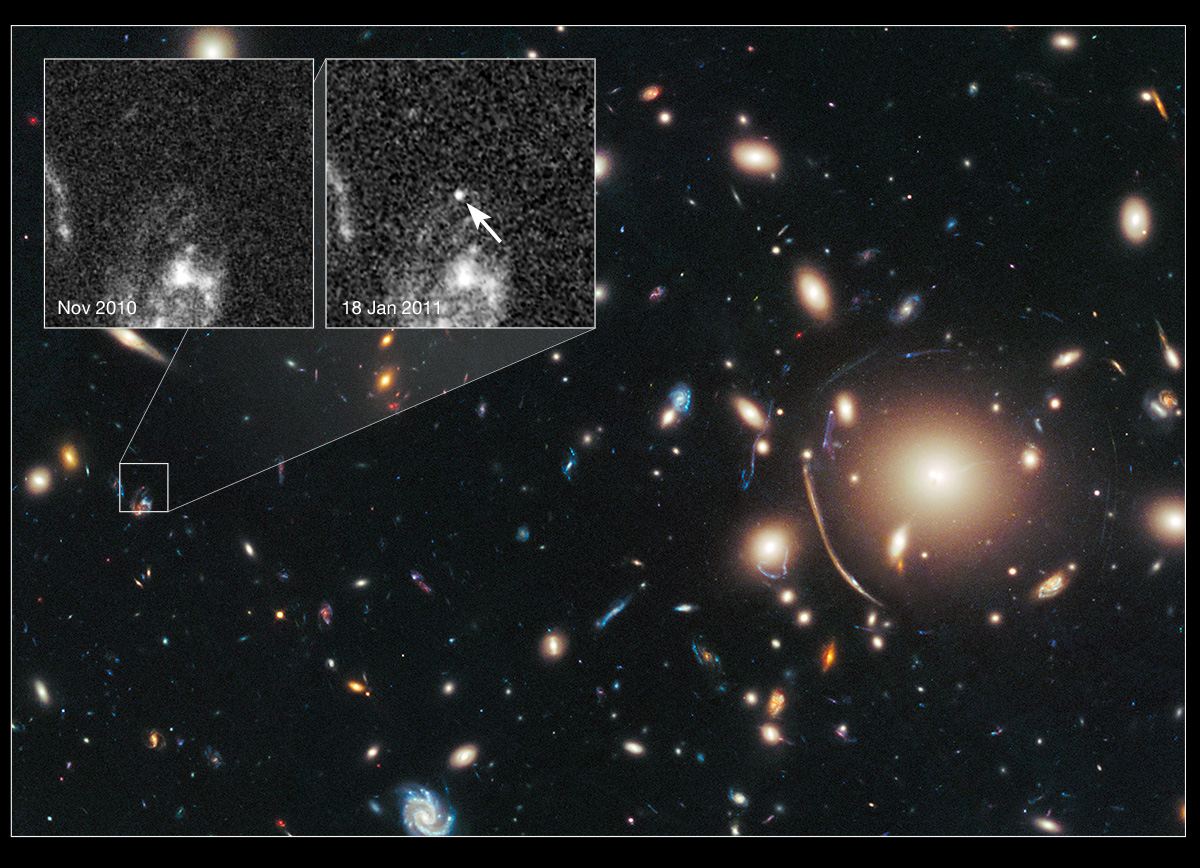 Cosmic lens Abell 383 helps Hubble to find a distant supernova (annotated)