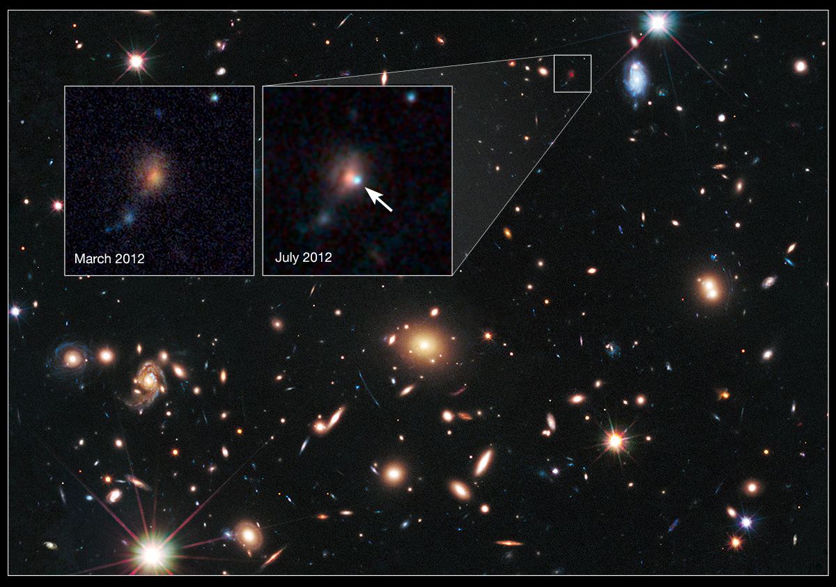 Cosmic lens MACS J1720+35 helps Hubble to find a distant supernova (annotated)