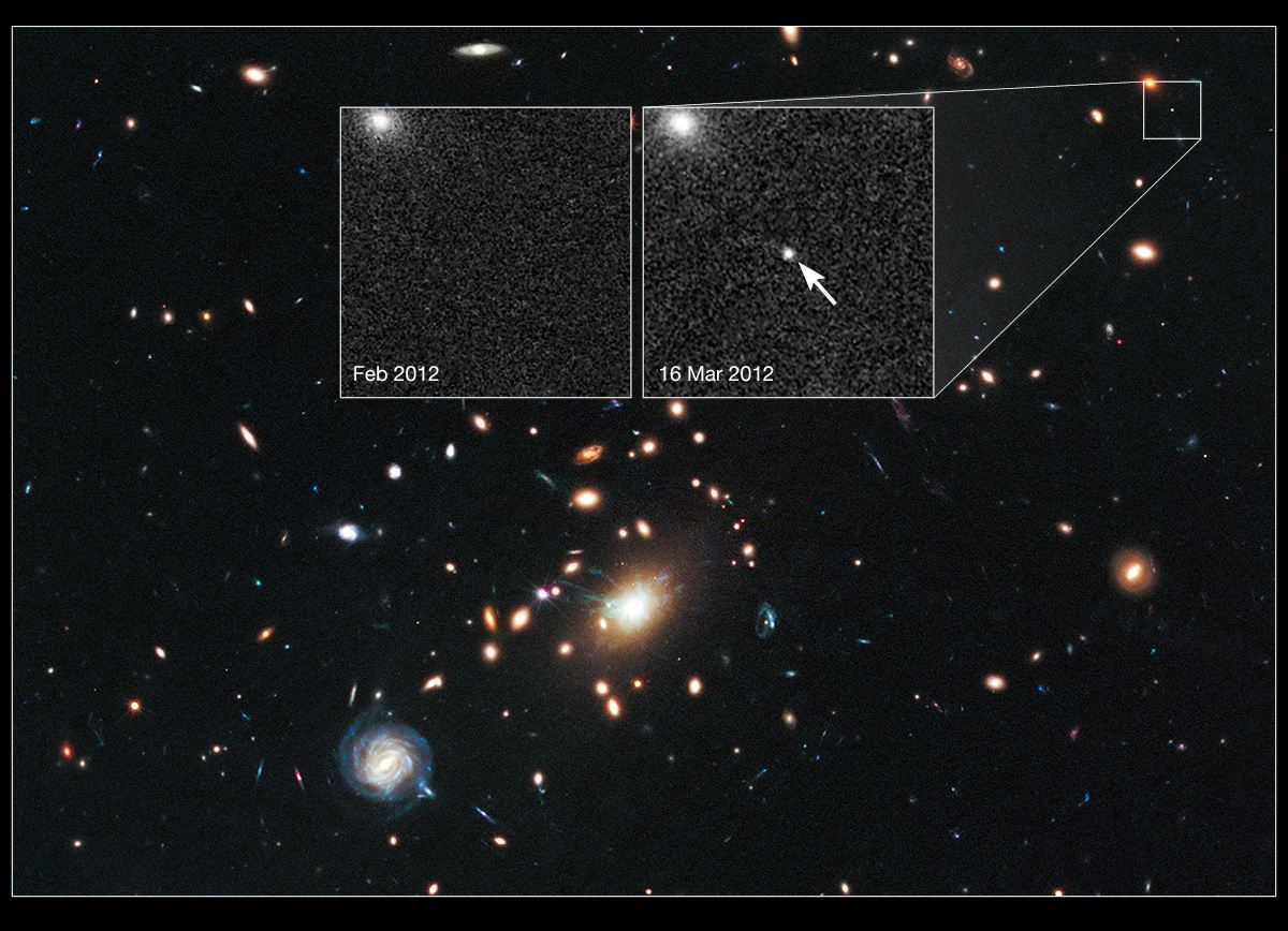 Cosmic lens RXJ1532.9+3021 helps Hubble to find a distant supernova (annotated)