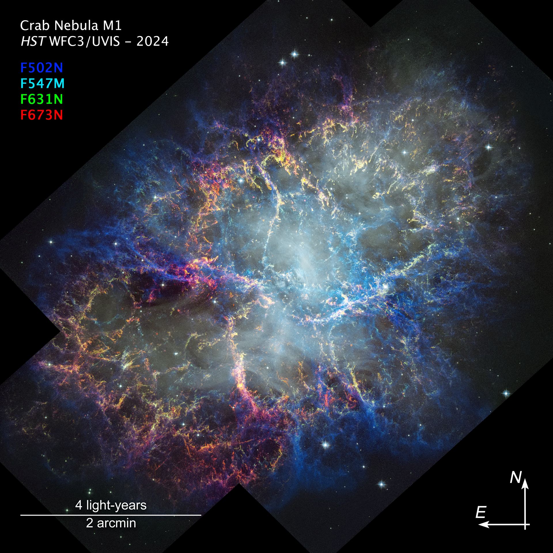 Crab Nebula (2024 Hubble image, annotated)