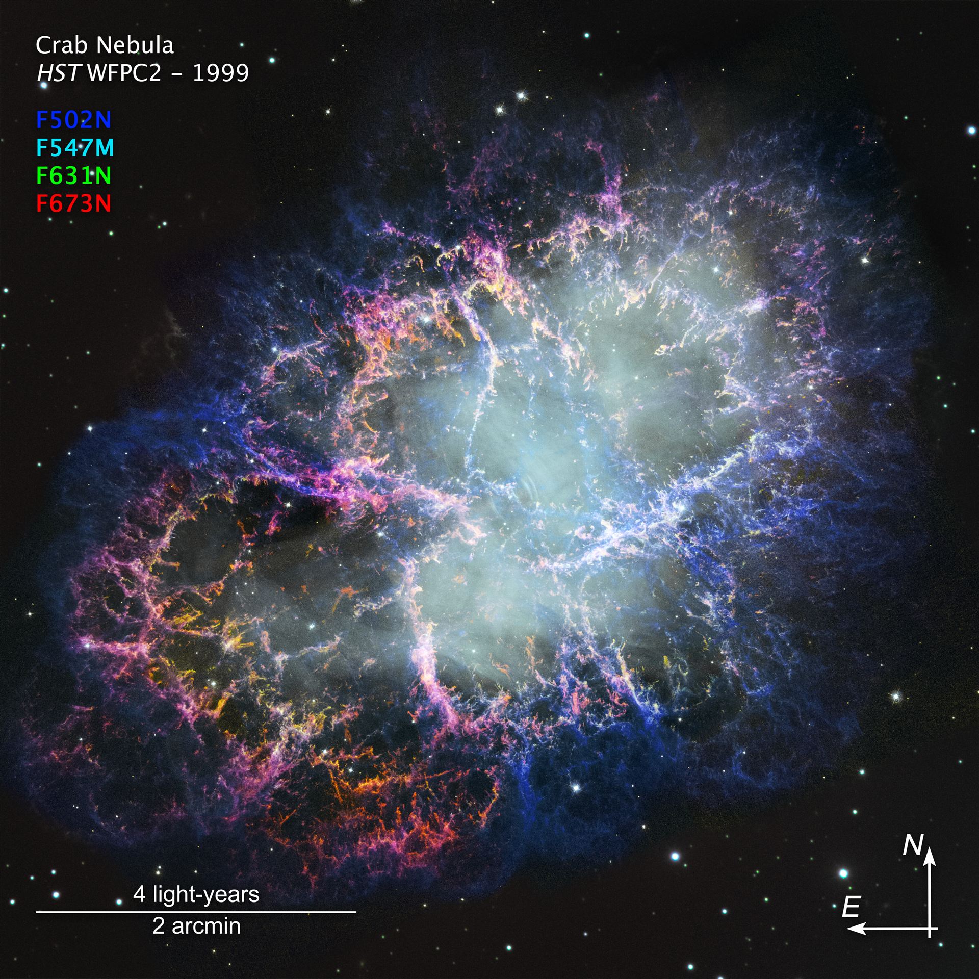 Crab Nebula (new image from 19992000 data, annotated)