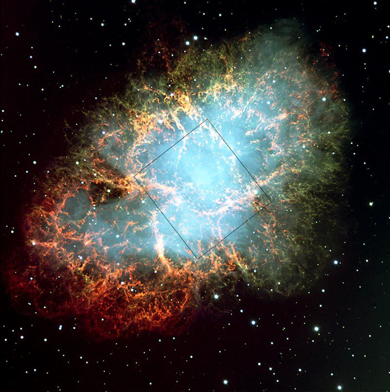 Crab nebula VLT field, HST image outlined