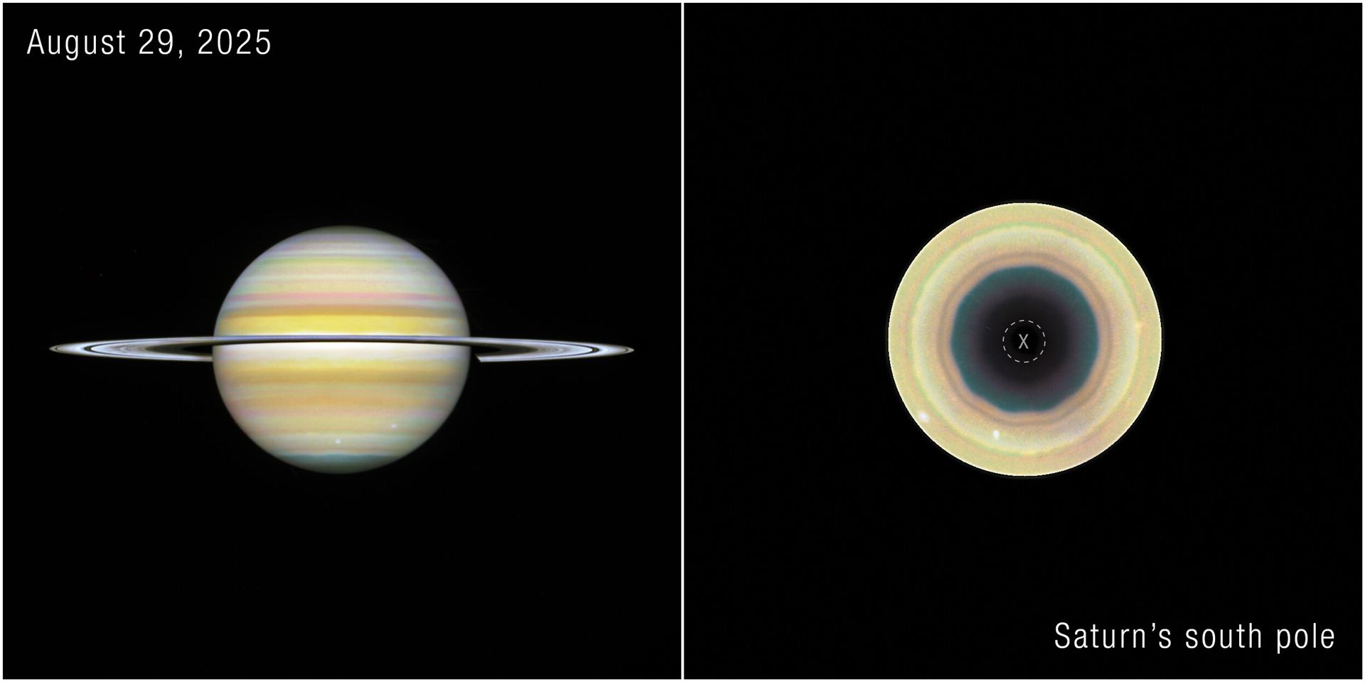 Decagon on Saturn’s south pole (colour image)