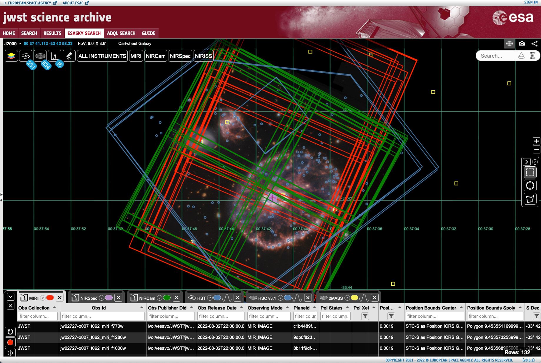 Example screenshot from eJWST and ESASky for the Cartwheel Galaxy