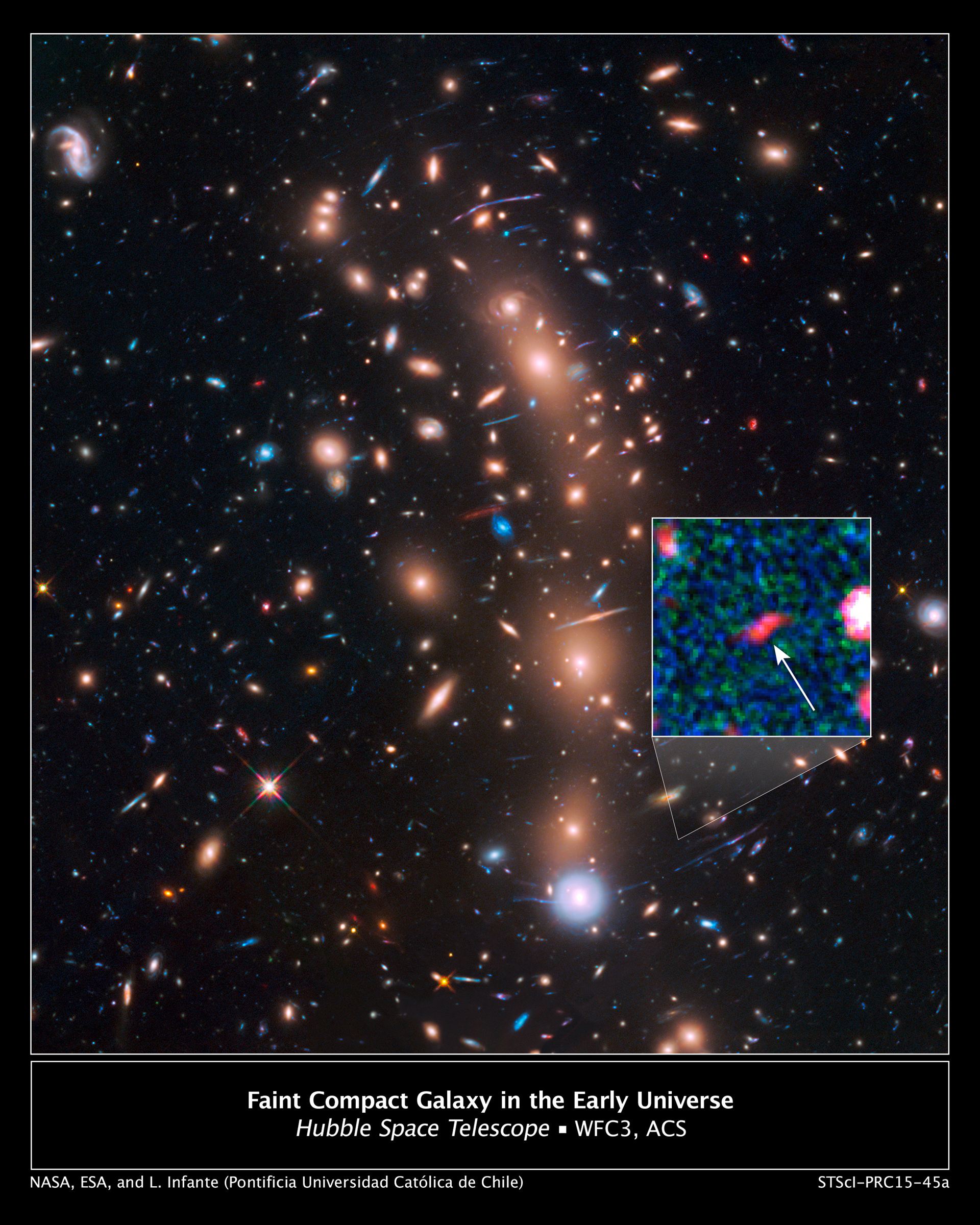 Faint compact galaxy in the early Universe