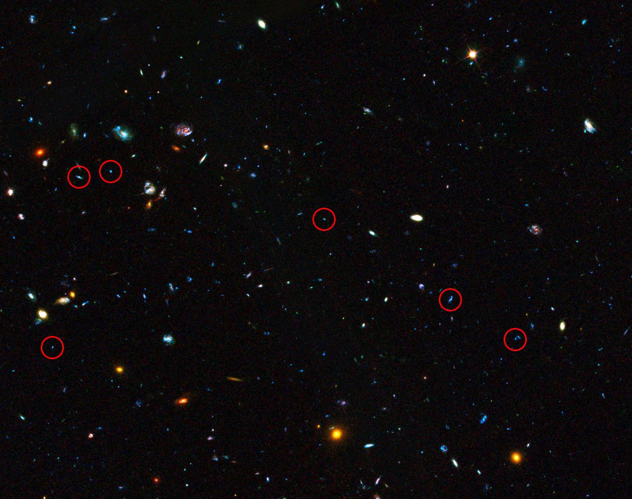 GOODS field containing distant dwarf galaxies forming stars at an incredible rate (annotated)