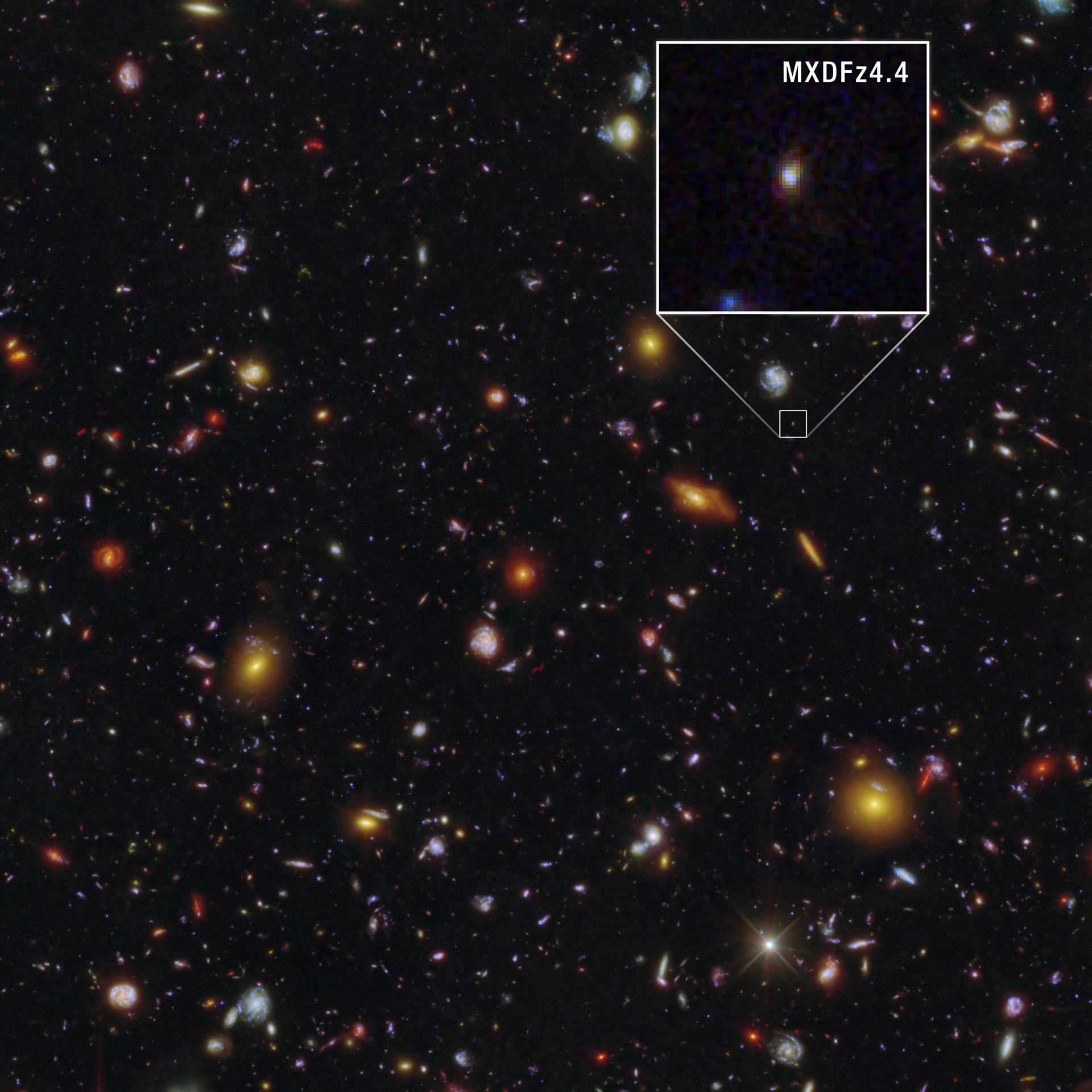 Galactic pioneer MXDFz4.4 (annotated Hubble and Webb image)