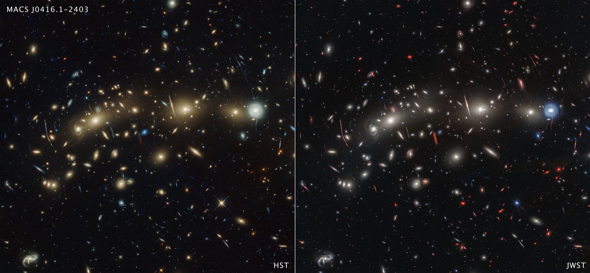 Galaxy cluster MACS1416 (Hubble and Webb images)