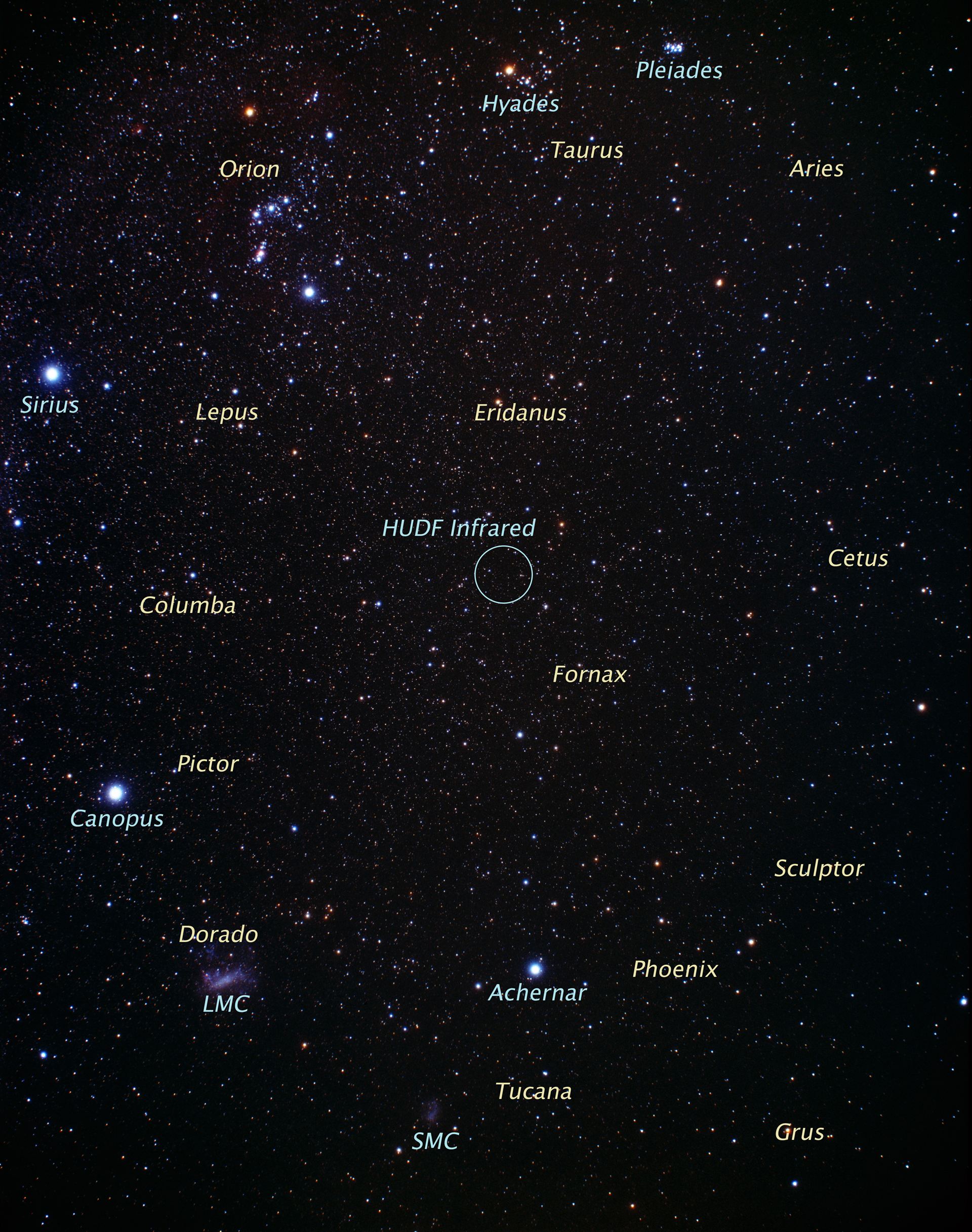 Ground image and the region of sky around the constellation of Fornax (ground-based image)