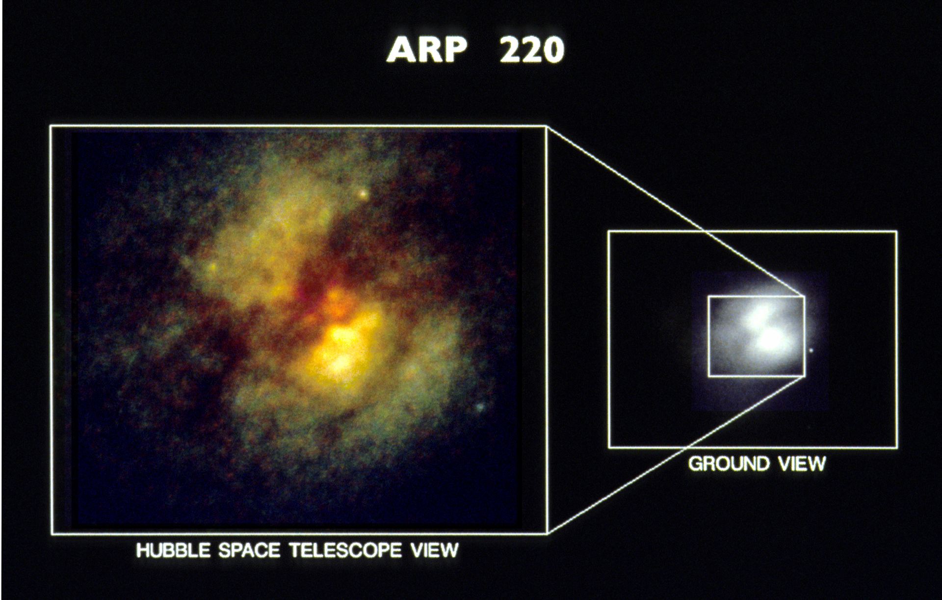 HST planetary camera images of core of peculiar galaxy Arp 220 (ground-based image vs. HST)