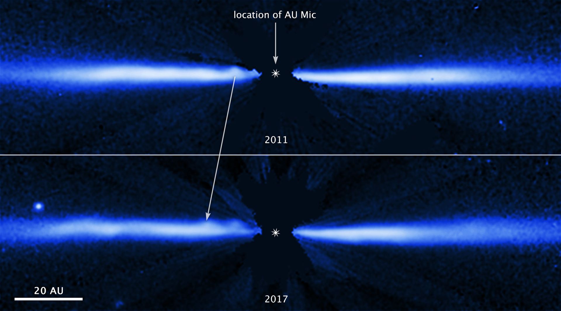Hubble captures blobs of material sweeping through stellar disc