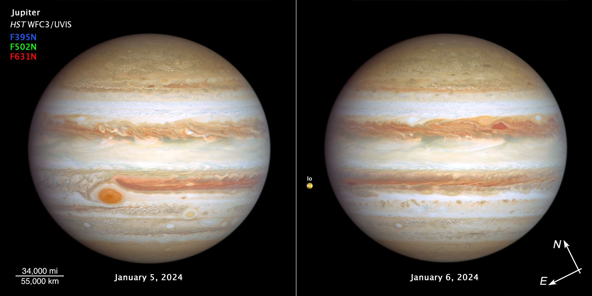 Hubble’s two new views of Jupiter (January 2024, compass image)