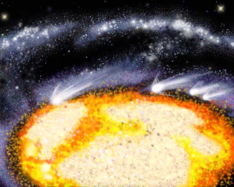 Illustration of Comet-Like Objects Racing Through the Cartwheel Galaxy&rsquo;s Core