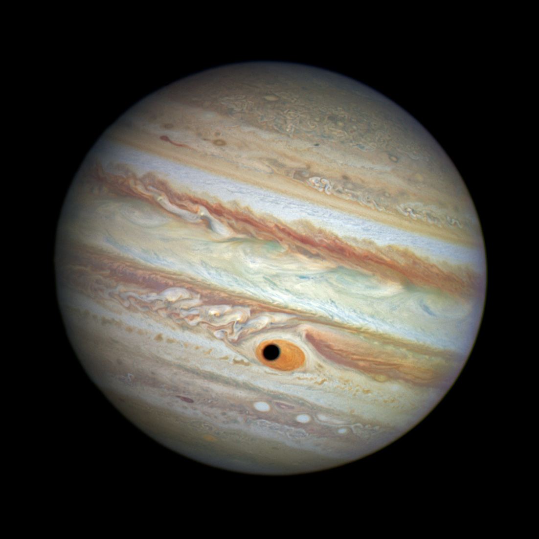 Jupiter&rsquo;s Great Red Spot and Ganymede&rsquo;s shadow — colour