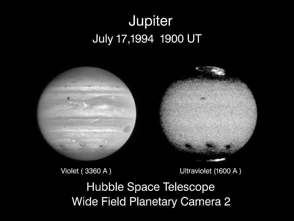 Jupiter&rsquo;s comet collision sites as seen in visible and ultraviolet light