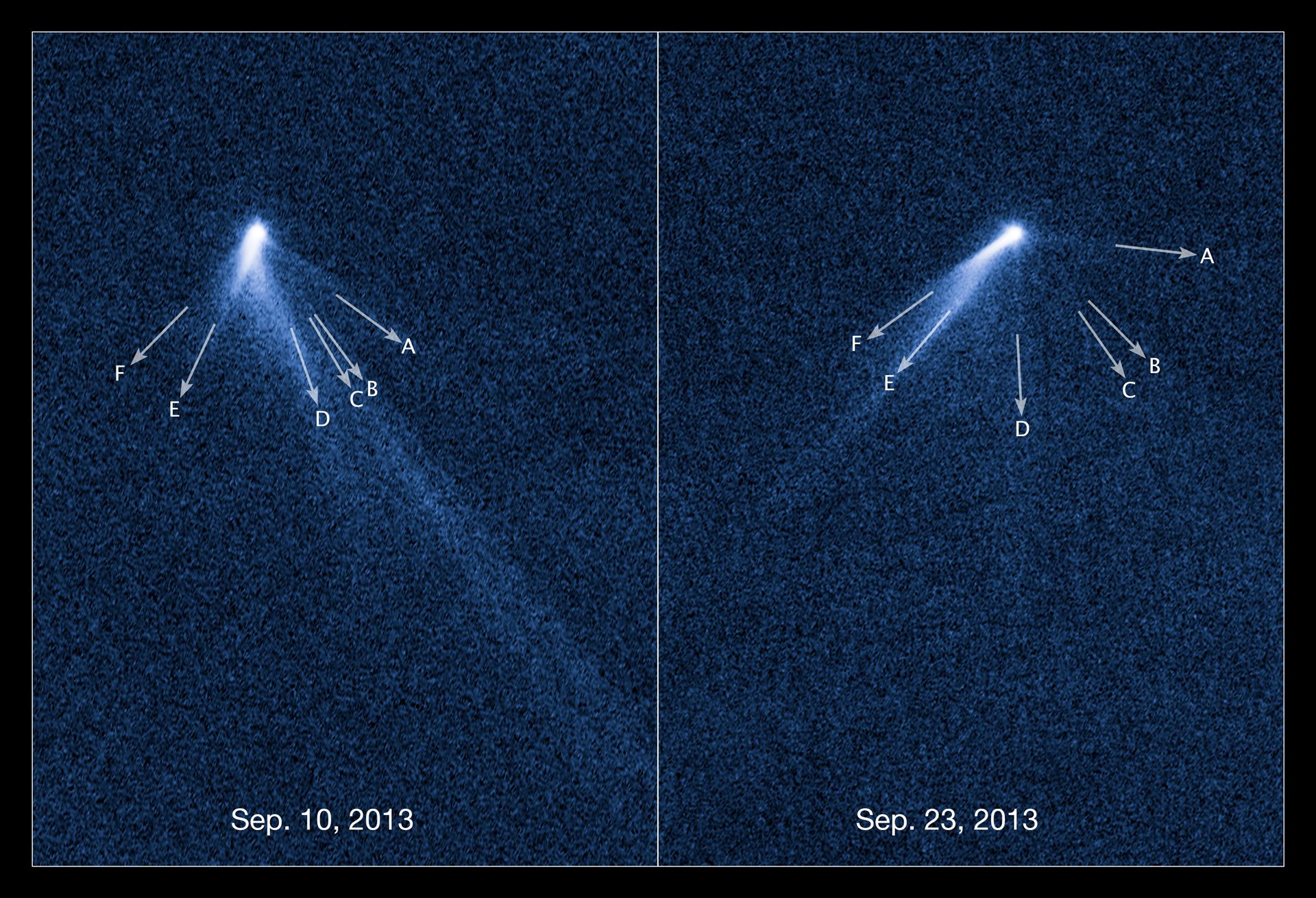 Labelled view of extraordinary multi-tailed asteroid P2013 P5