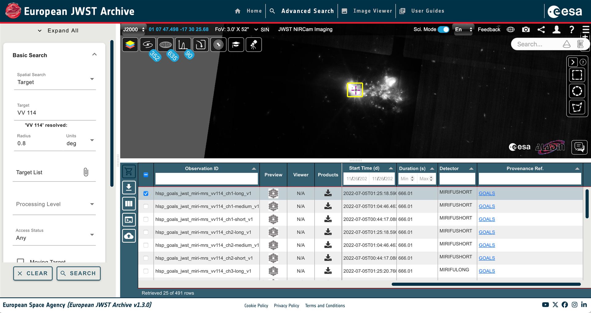 MIRI footprint of GOALS High Level Science Product (HLSP) overlaid on the NIRCam image of VV 114