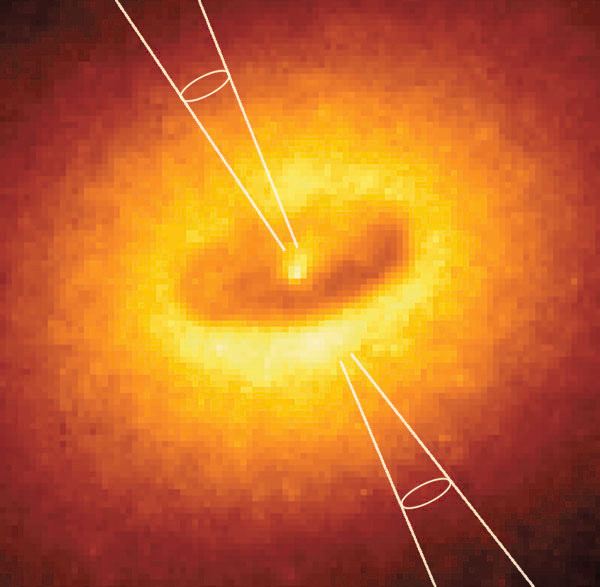 NGC 4261 WFPC with illustration of jet.
