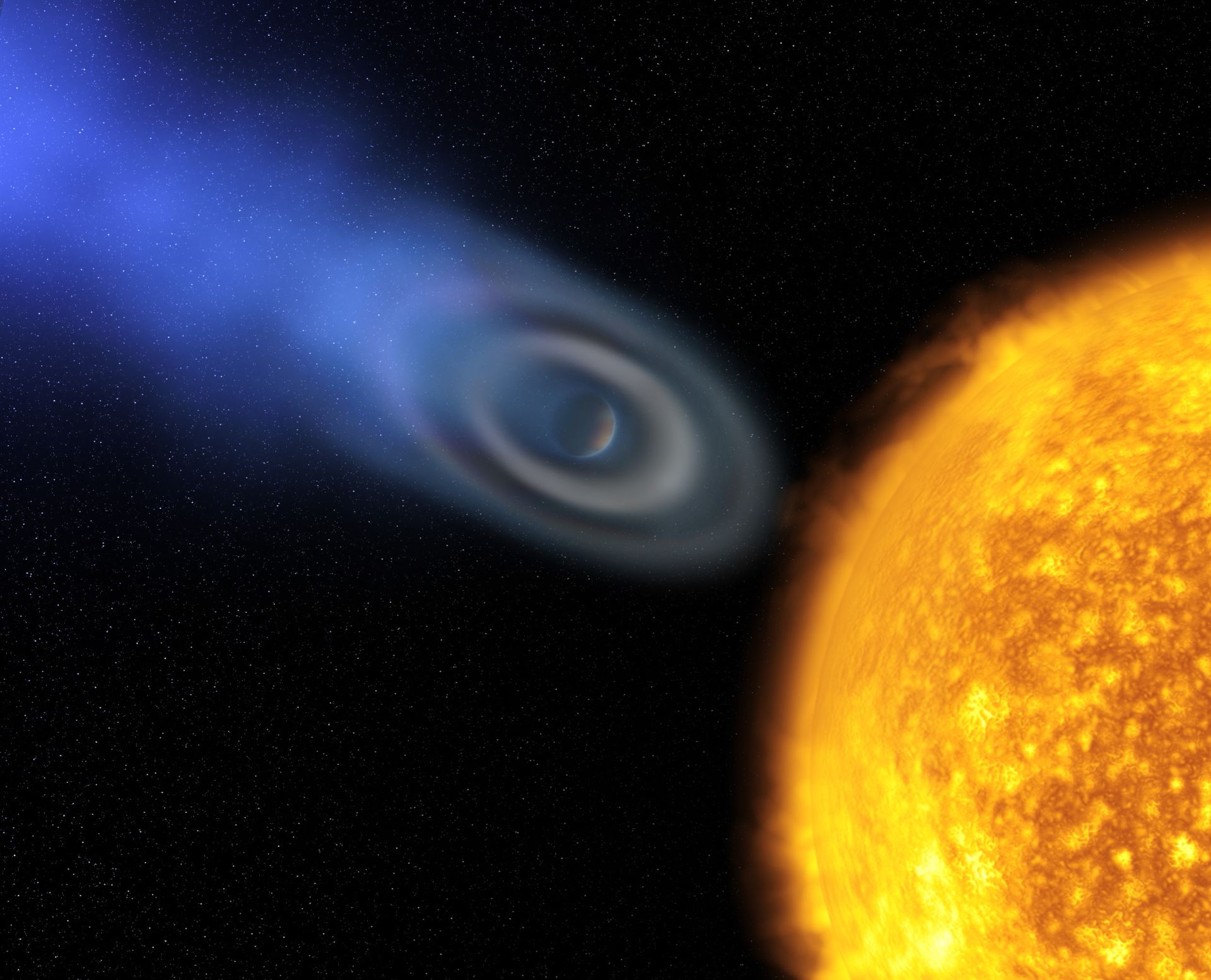 Oxygen and carbon discovered in extrasolar planet atmosphere blow-off [artist&rsquo;s impression]