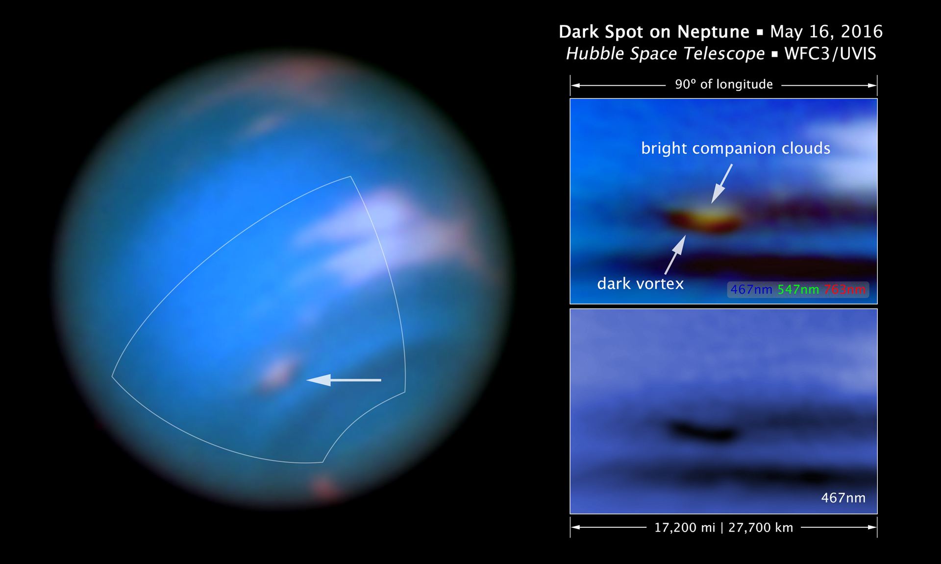 Scale and compass image for dark spot on Neptune