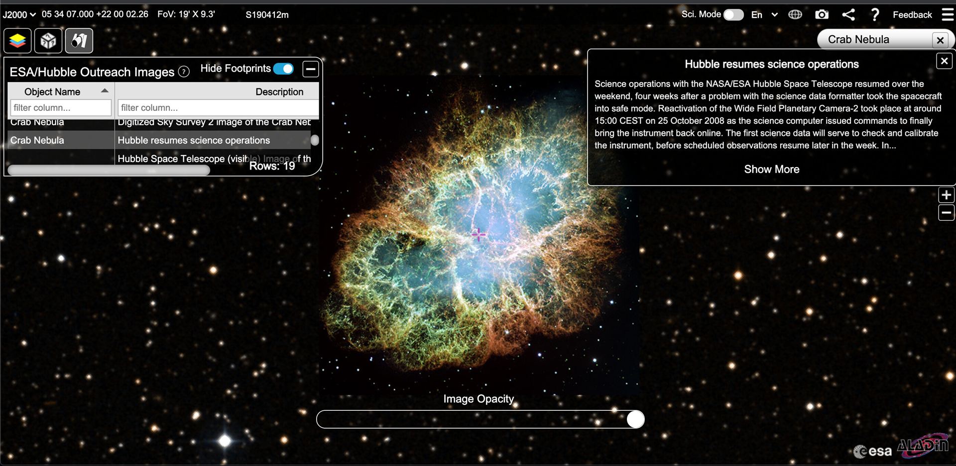 Screenshot of ESAHubble Outreach Image on the ESASky Platform