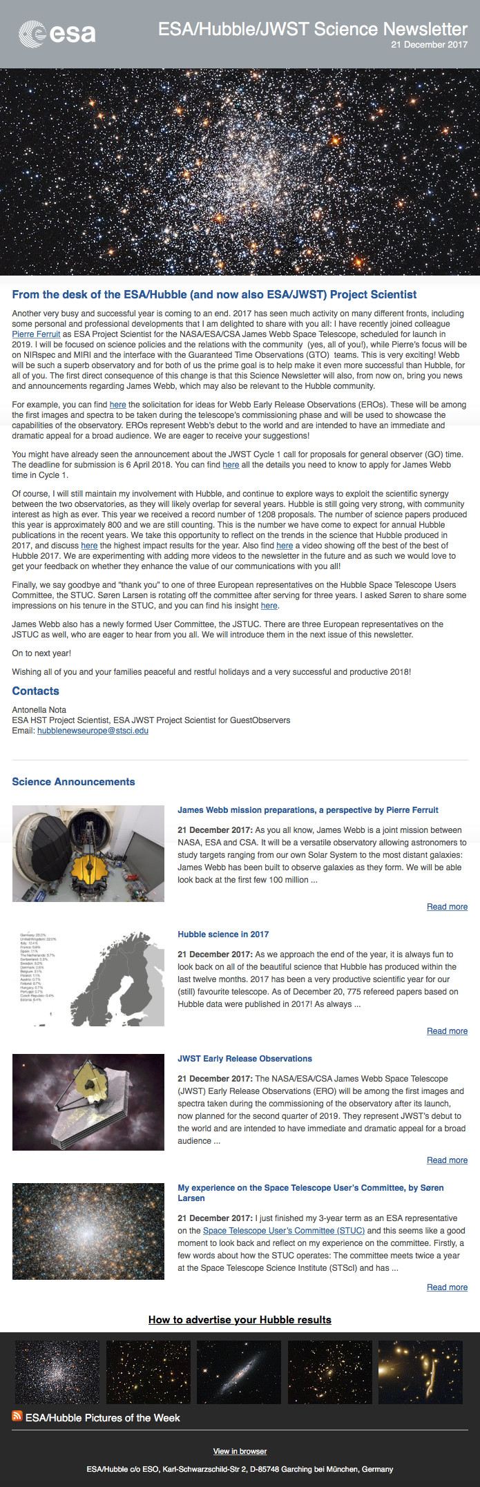 Screenshot of the December 2017 issue of ESAHubble Science Newsletter