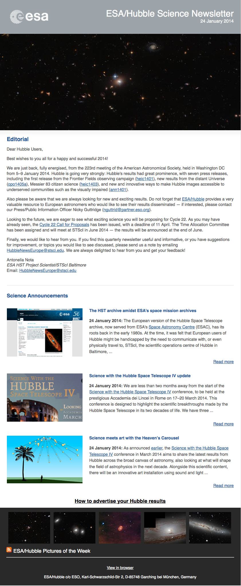 Screenshot of the January 2014 issue of ESAHubble Science Newsletter