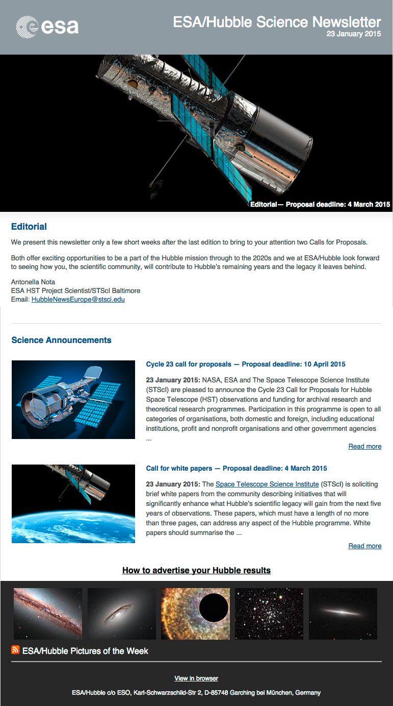 Screenshot of the January 2015 issue of ESAHubble Science Newsletter now available